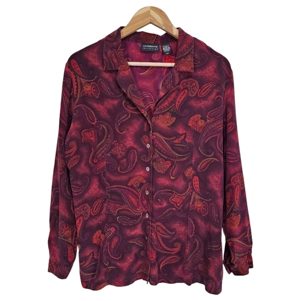 VTG Liz Claiborne Silk Paisley Button Up Shirt Women 14 Burgundy 90s Retro Light